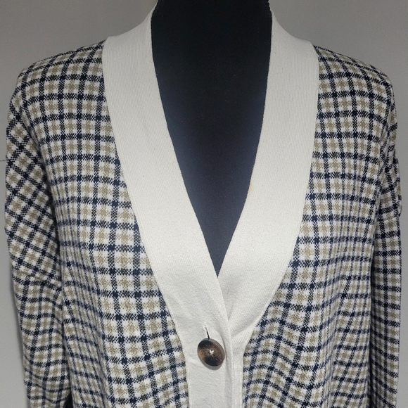 Barbour Women's Hebrides Plaid Cotton Cardigan Size 12 Cream Black Green Preppy - Picture 4 of 13